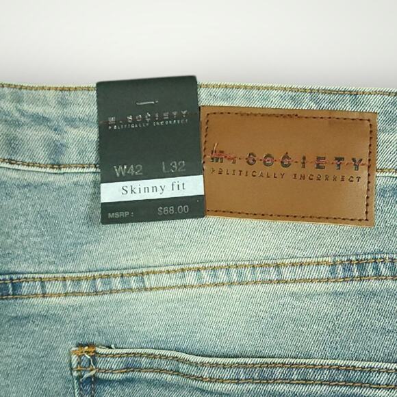 M Society Jeans 42x32 Mens Skinny Distressed Painted Art to Wear Light Mud Wash - Picture 6 of 13